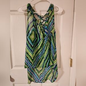 Vibrant Green and Blue Sheer Top.